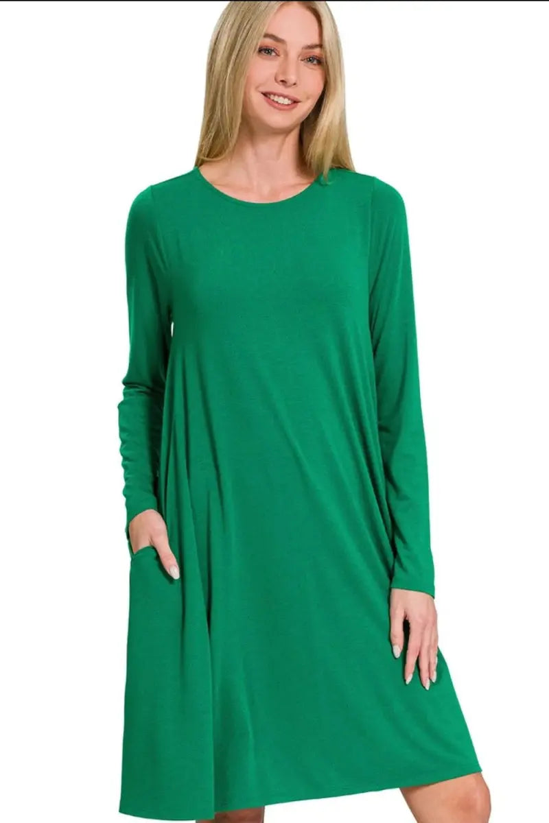 Zenana Long Sleeve Flare Dress With Pockets for Women - Love Salve